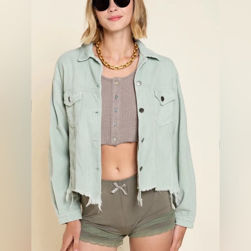 POL grey corduroy cropped jacket distressed raw hem shacket trendy casual size S